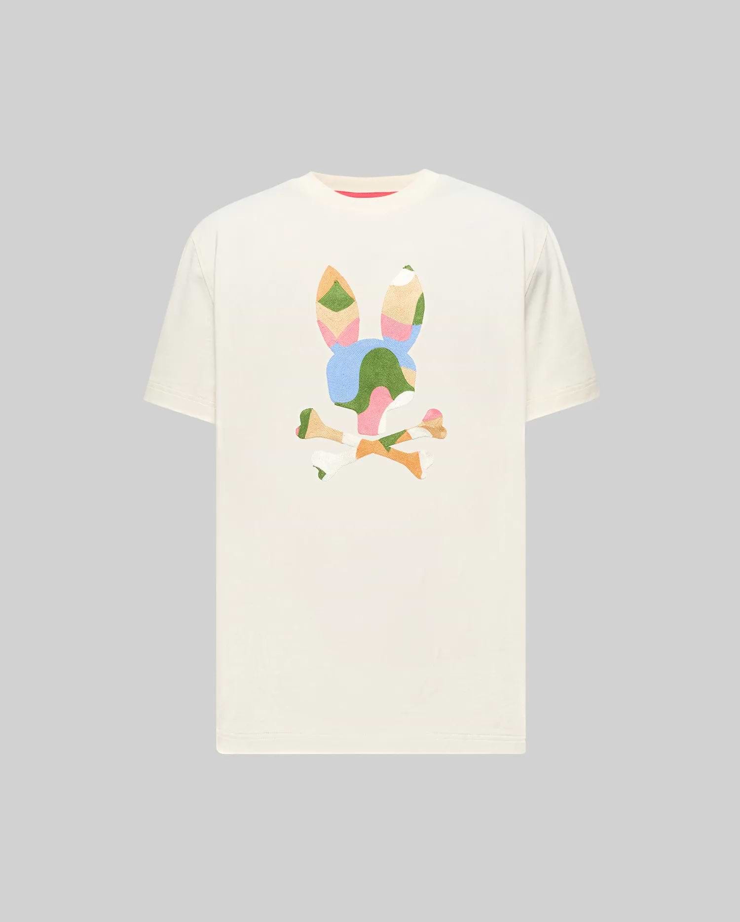 Cream Mens Ara Graphic Tee, classic fit jersey, featuring a large, multi-color abstract Psycho Bunny skull logo on the center chest in green, blue, pink, orange, and yellow.