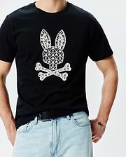 Mens Brad Graphic Tee, black classic fit smooth jersey t-shirt with a large white central Psycho Bunny skull and crossbones logo graphic, detailed with small bunny skulls and palm trees.