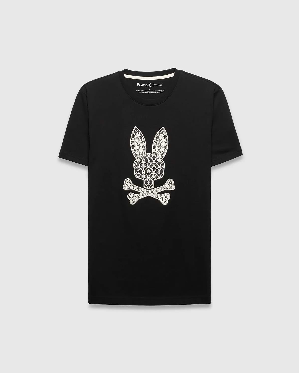 Black Mens Brad Graphic Tee, a classic fit jersey t-shirt featuring a large white Psycho Bunny skull logo on the chest, intricately filled with palm trees and mini bunny skulls.