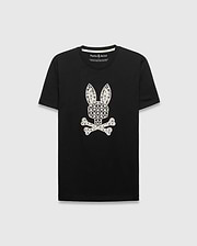 Black Mens Brad Graphic Tee, a classic fit jersey t-shirt featuring a large white Psycho Bunny skull logo on the chest, intricately filled with palm trees and mini bunny skulls.