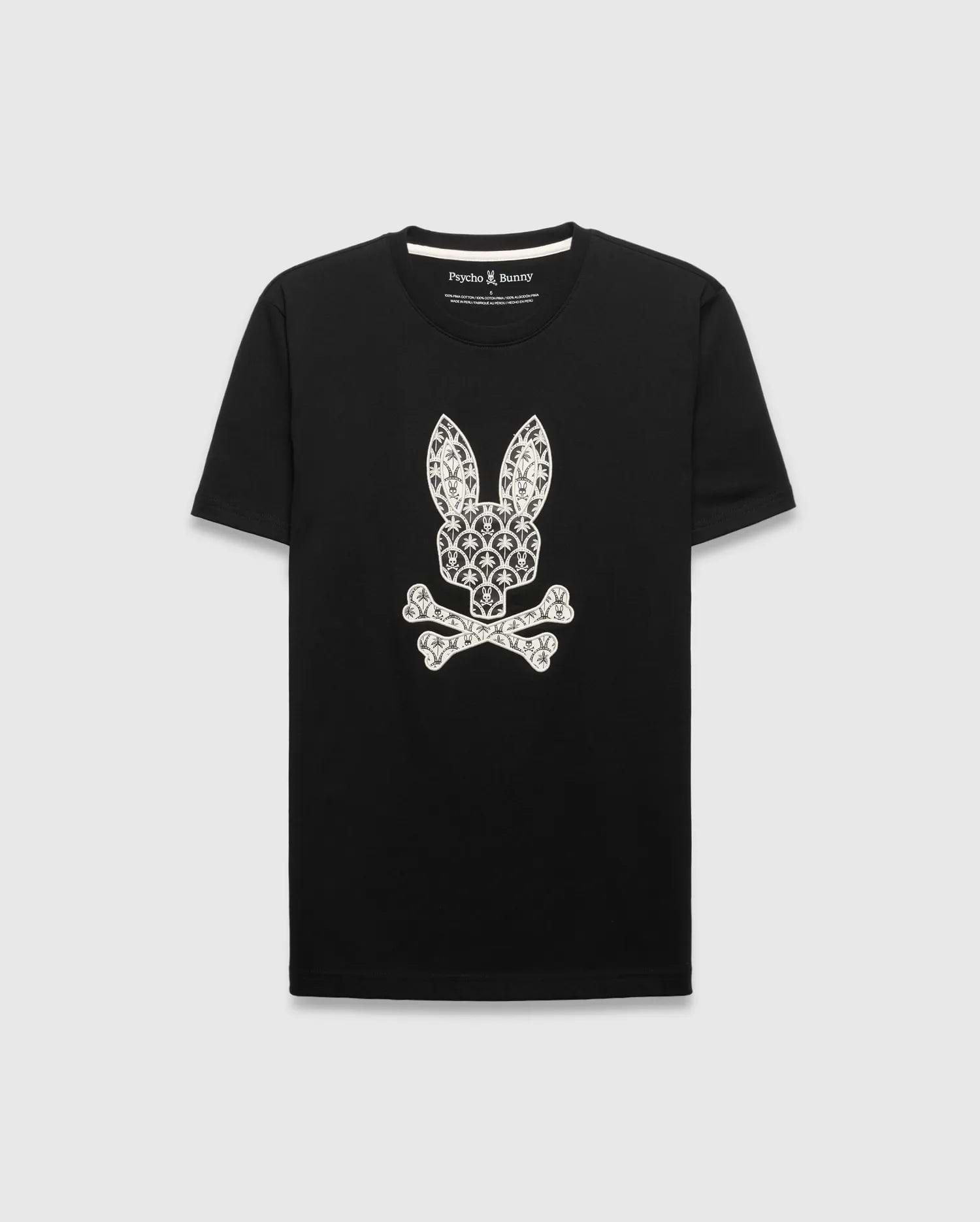 Black Mens Brad Graphic Tee, a classic fit jersey t-shirt featuring a large white Psycho Bunny skull logo on the chest, intricately filled with palm trees and mini bunny skulls.