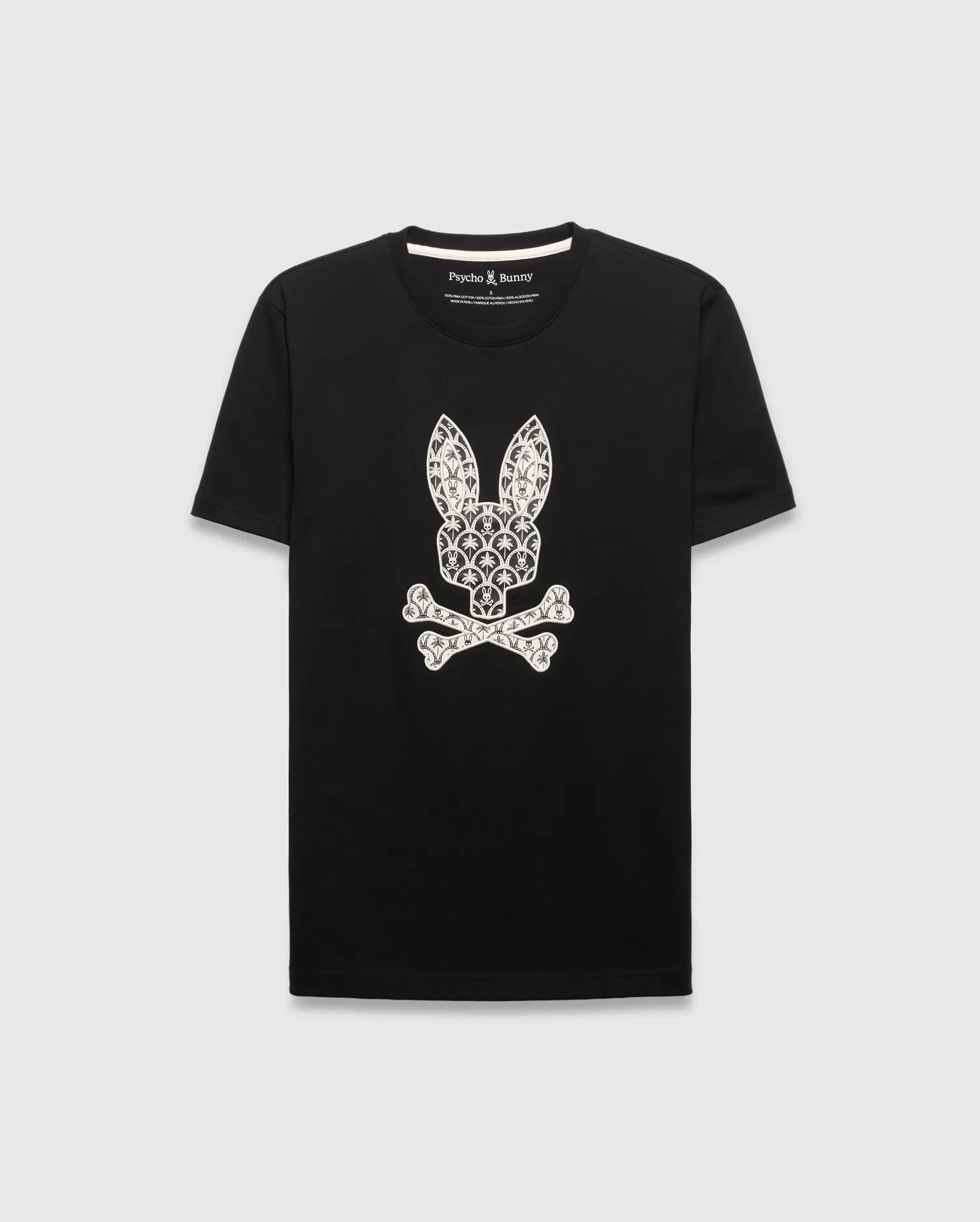 Black Mens Brad Graphic Tee, a classic fit jersey t-shirt featuring a large white Psycho Bunny skull logo on the chest, intricately filled with palm trees and mini bunny skulls.