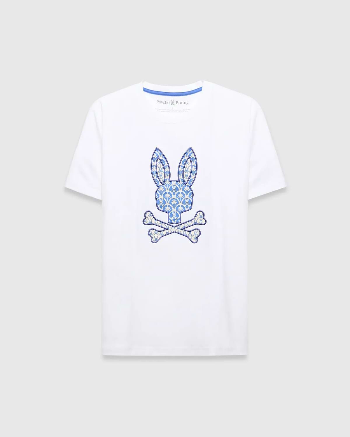 White Mens Brad Graphic Tee, classic fit jersey with a large central blue and cream patterned bunny skull logo and blue Psycho Bunny neck tape.