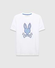 White Mens Brad Graphic Tee, classic fit jersey with a large central blue and cream patterned bunny skull logo and blue Psycho Bunny neck tape.