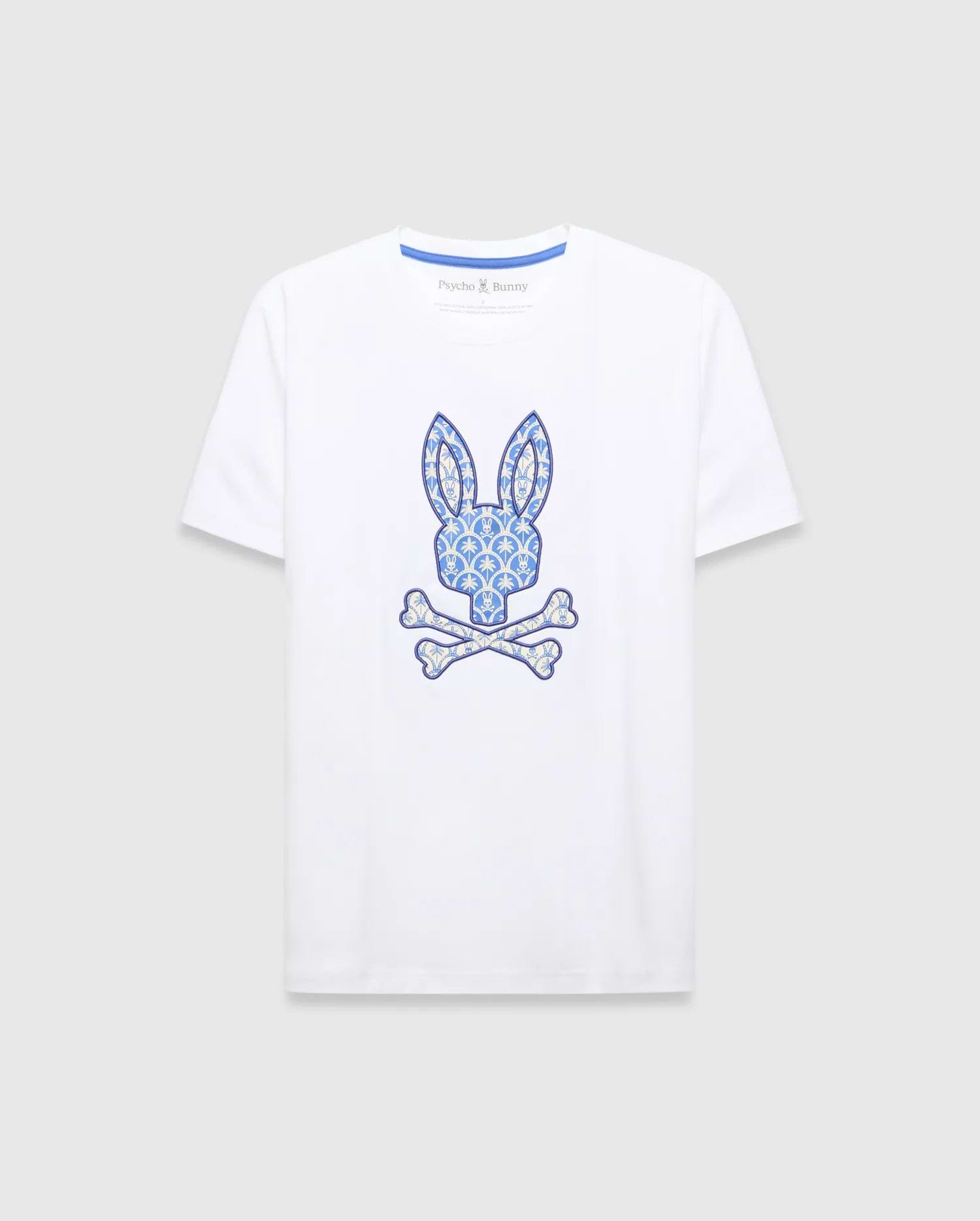 White Mens Brad Graphic Tee, classic fit jersey with a large central blue and cream patterned bunny skull logo and blue Psycho Bunny neck tape.