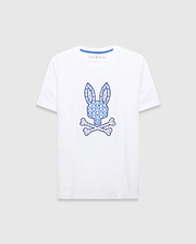 White Mens Brad Graphic Tee, classic fit jersey with a large central blue and cream patterned bunny skull logo and blue Psycho Bunny neck tape.