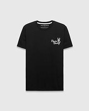 Black Mens Colin Back Graphic Tee, a classic fit jersey t-shirt, features a small white Psycho Bunny skull and crossbones logo with script text on the left chest.