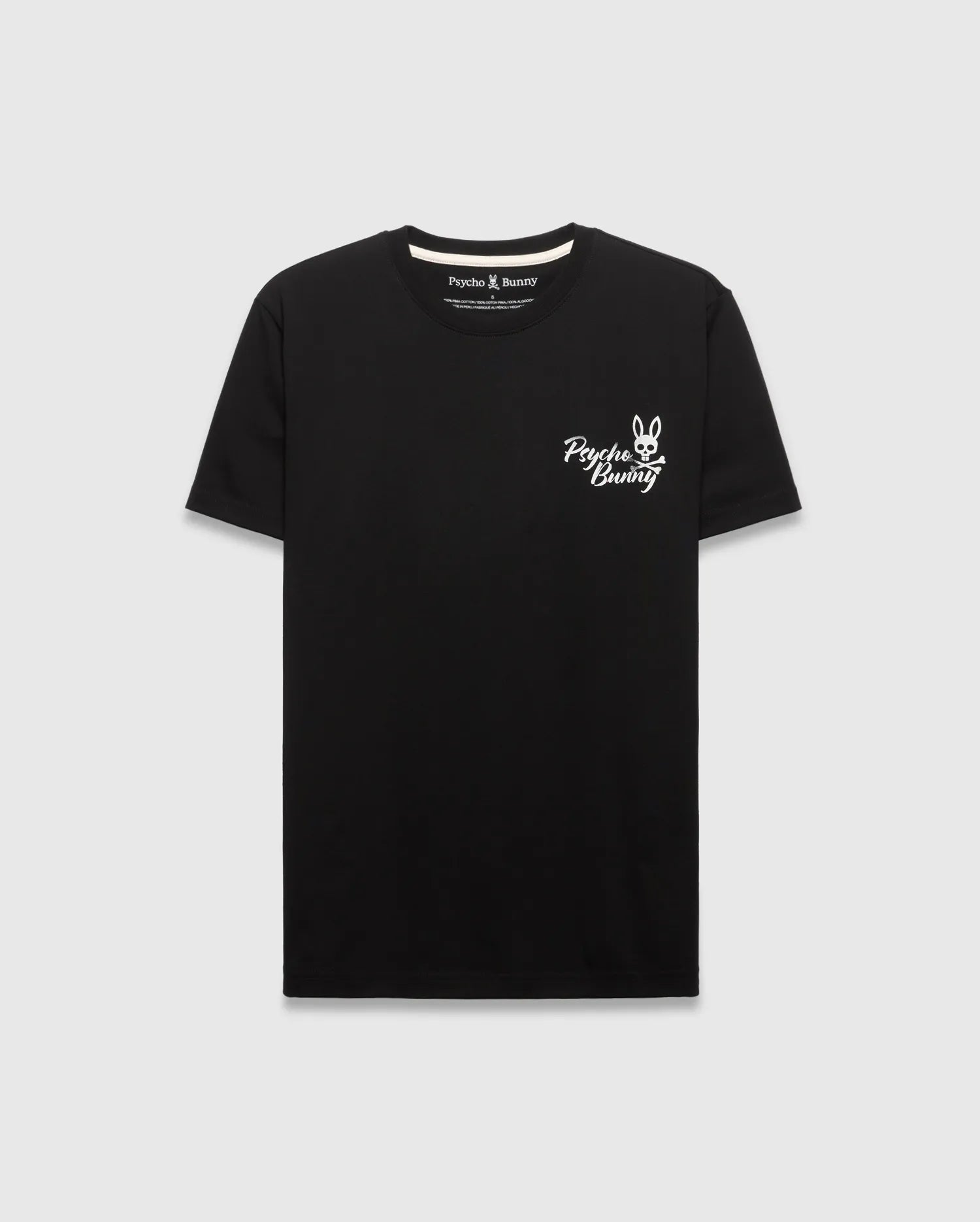Black Mens Colin Back Graphic Tee, a classic fit jersey t-shirt, features a small white Psycho Bunny skull and crossbones logo with script text on the left chest.