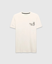Mens Colin Back Graphic Tee, a cream classic-fit jersey t-shirt with a small black embroidered Psycho Bunny skull logo and script text on the left chest.