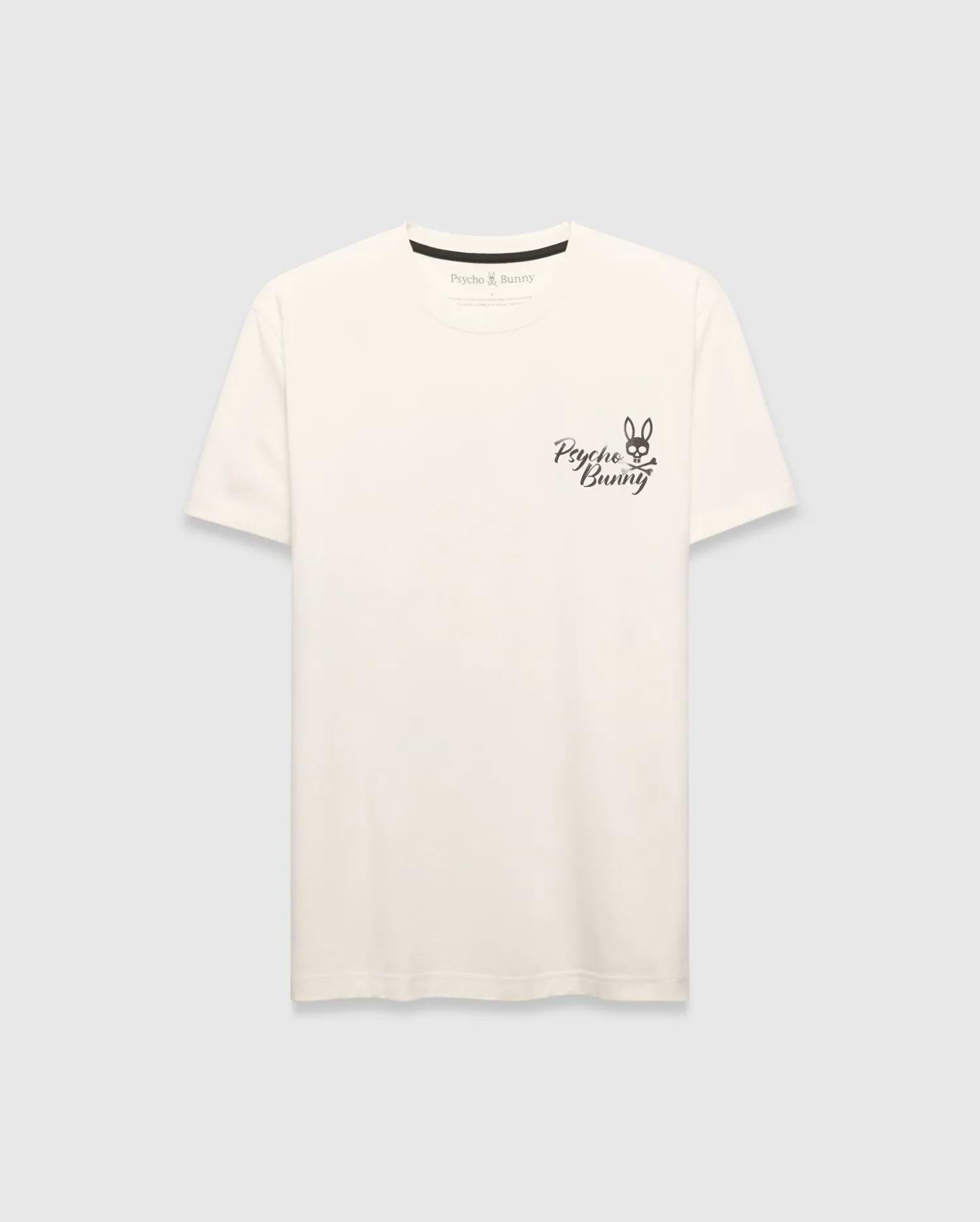 Mens Colin Back Graphic Tee, a cream classic-fit jersey t-shirt with a small black embroidered Psycho Bunny skull logo and script text on the left chest.