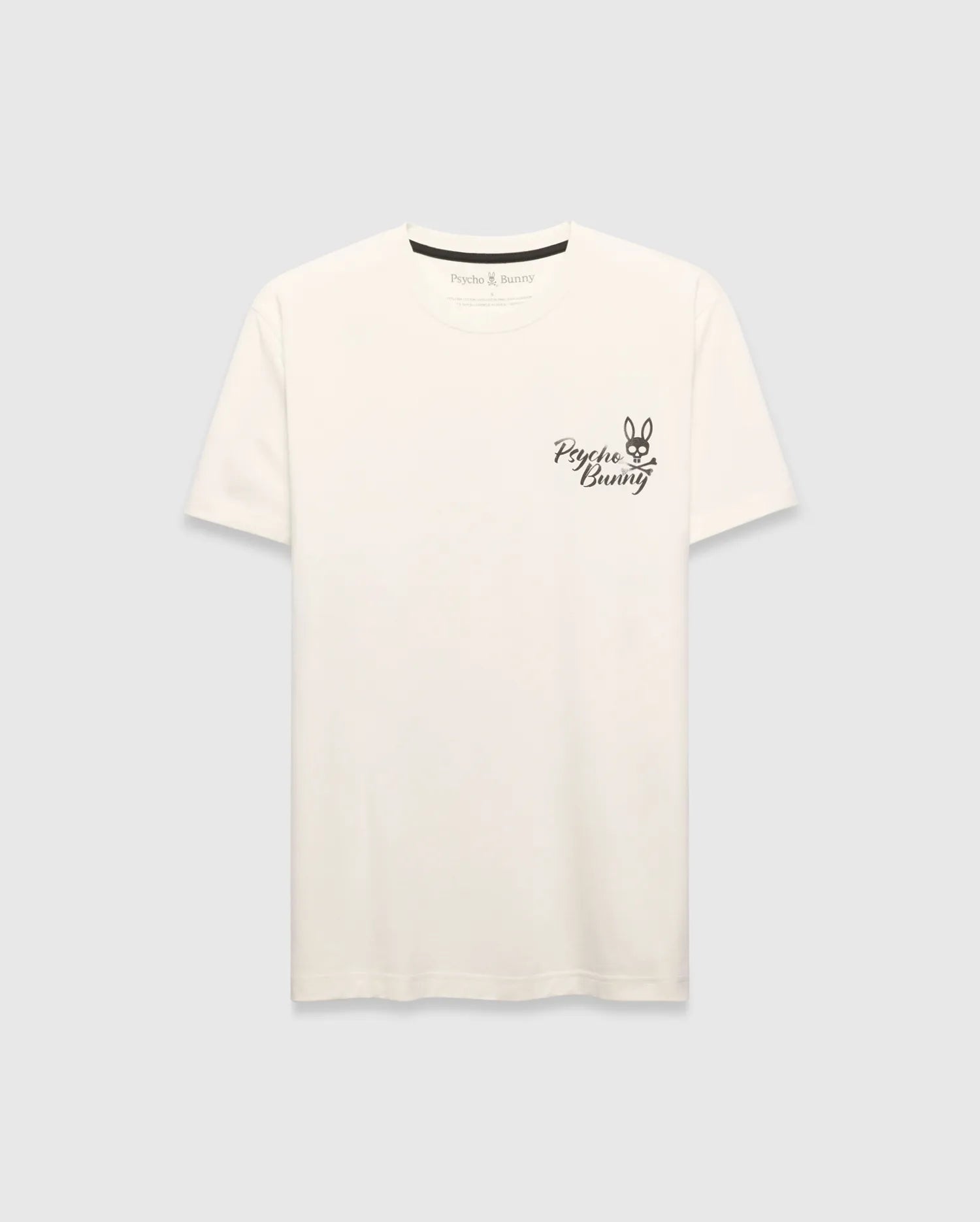 Mens Colin Back Graphic Tee, a cream classic-fit jersey t-shirt with a small black embroidered Psycho Bunny skull logo and script text on the left chest.