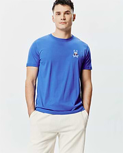 Mens Sunny Chest Graphic Tee, royal blue classic fit jersey knit t-shirt with a small embroidered Psycho Bunny skull logo featuring red sunglasses and white crossbones on the left chest.