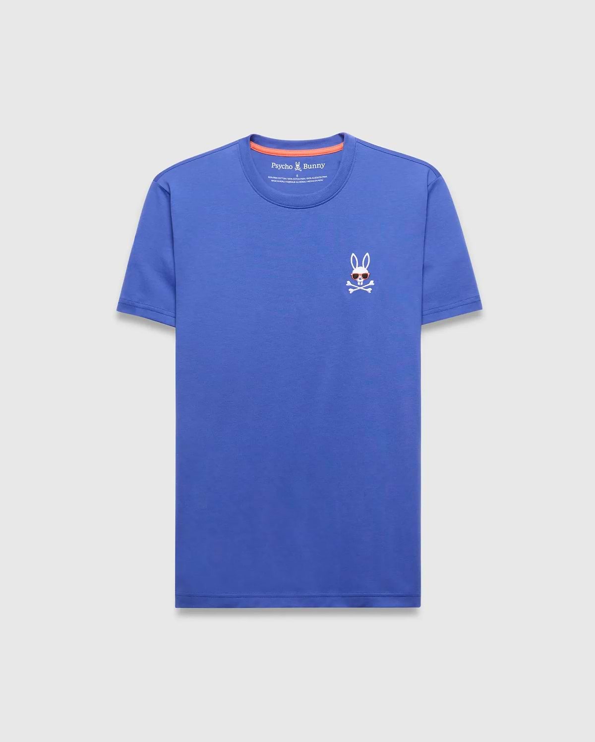 Mens Sunny Chest Graphic Tee, a classic fit blue jersey t-shirt featuring a small embroidered white Psycho Bunny skull logo with red sunglasses on the left chest and orange neck tape.