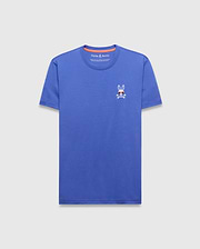Mens Sunny Chest Graphic Tee, a classic fit blue jersey t-shirt featuring a small embroidered white Psycho Bunny skull logo with red sunglasses on the left chest and orange neck tape.