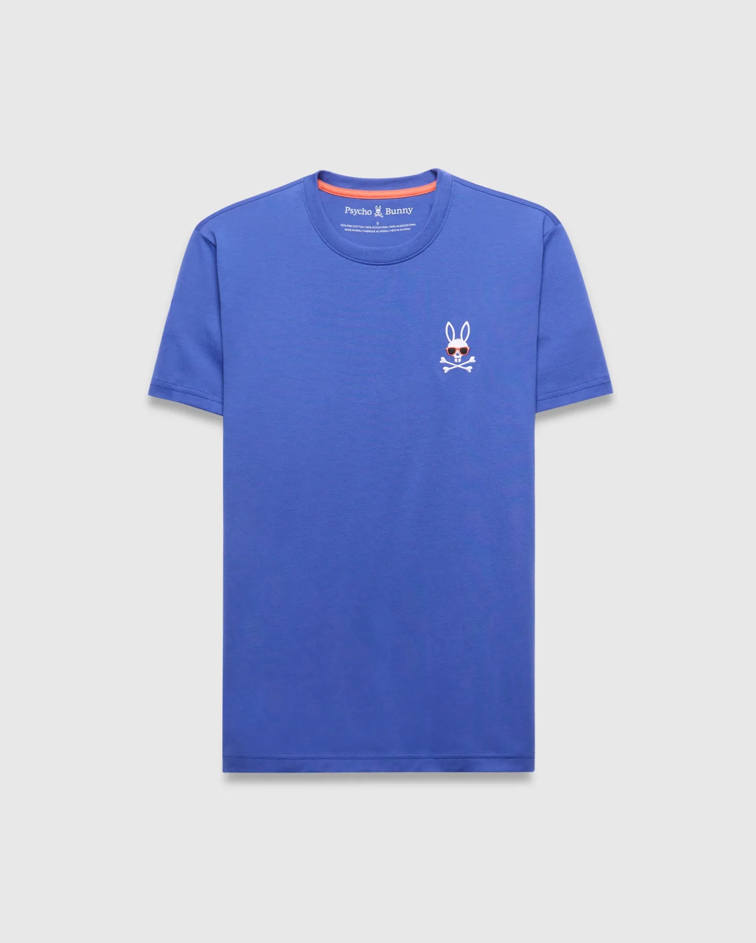 Mens Sunny Chest Graphic Tee, a classic fit blue jersey t-shirt featuring a small embroidered white Psycho Bunny skull logo with red sunglasses on the left chest and orange neck tape.
