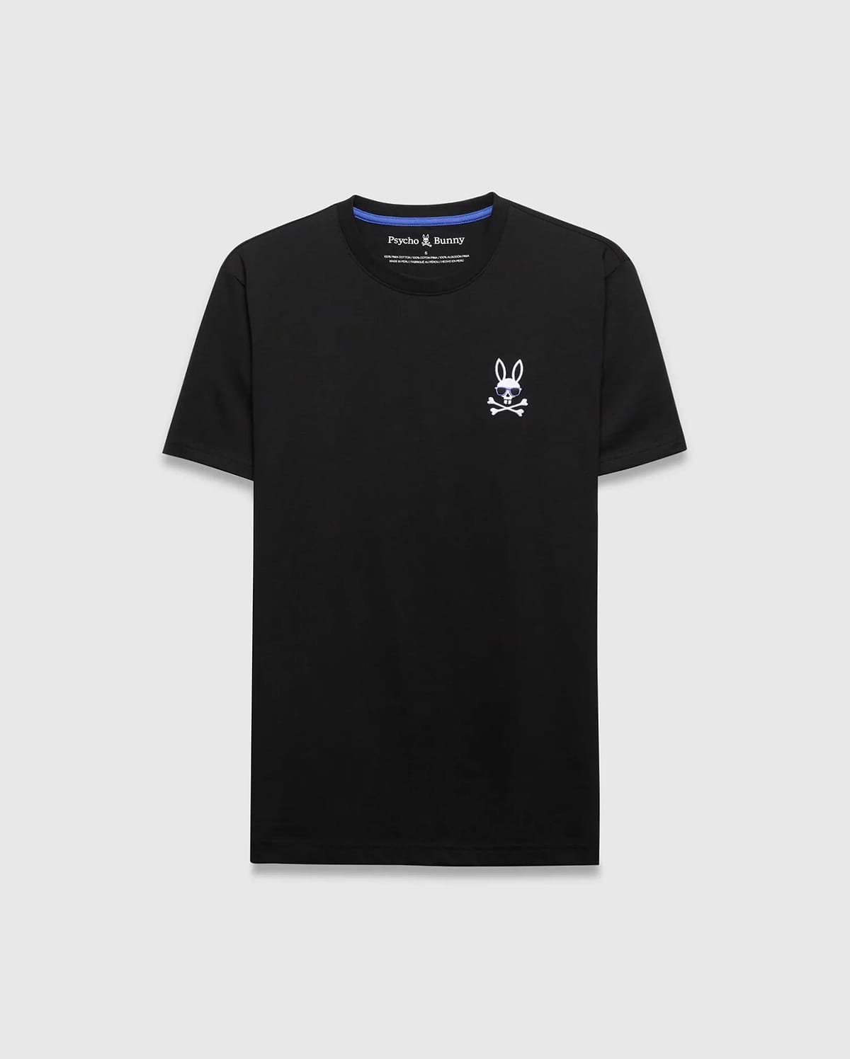 Black classic fit jersey T-shirt featuring a small embroidered white Psycho Bunny skull and crossbones logo with blue sunglasses on the left chest. Mens Sunny Chest Graphic Tee.