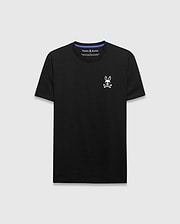 Black classic fit jersey T-shirt featuring a small embroidered white Psycho Bunny skull and crossbones logo with blue sunglasses on the left chest. Mens Sunny Chest Graphic Tee.