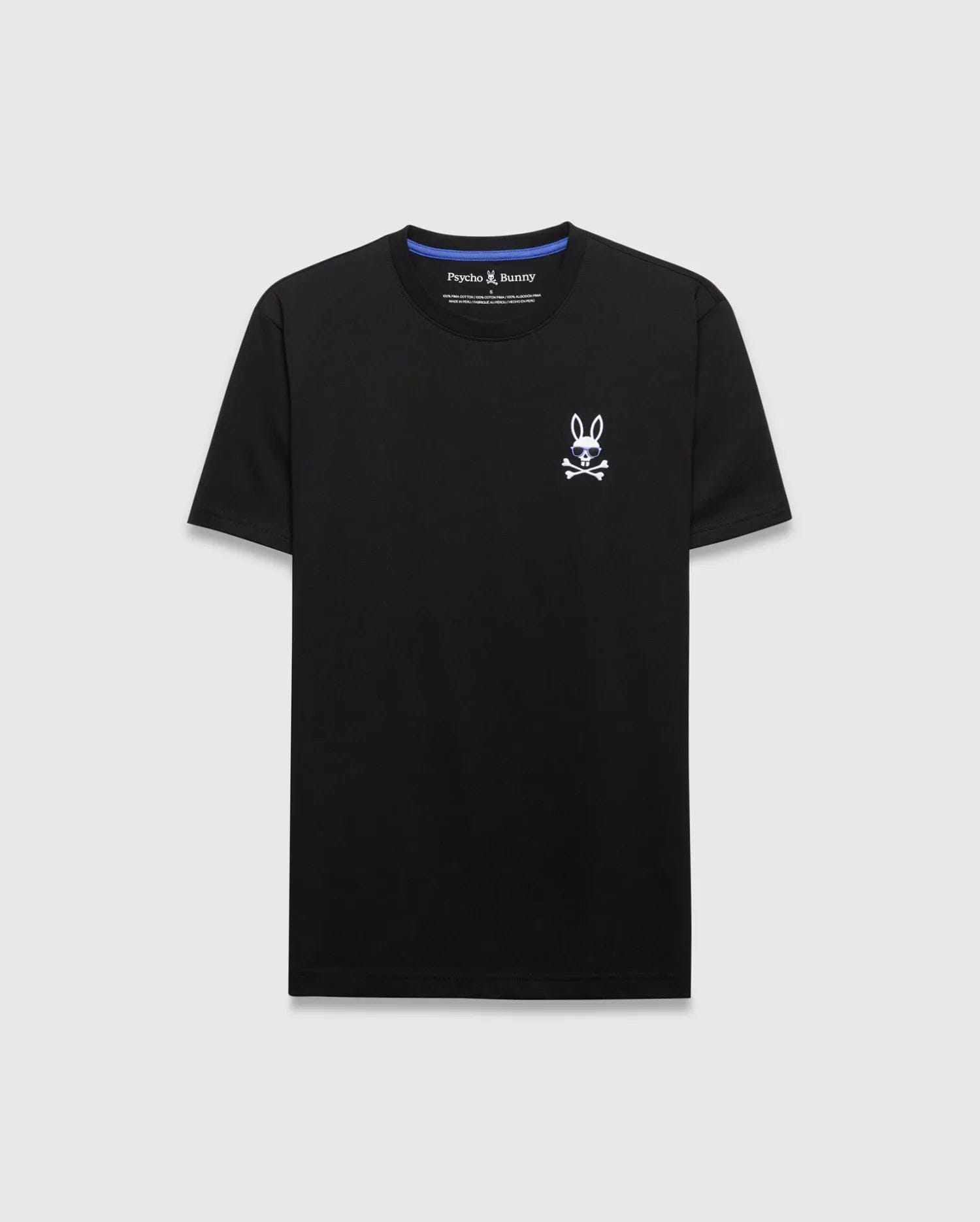 Black classic fit jersey T-shirt featuring a small embroidered white Psycho Bunny skull and crossbones logo with blue sunglasses on the left chest. Mens Sunny Chest Graphic Tee.