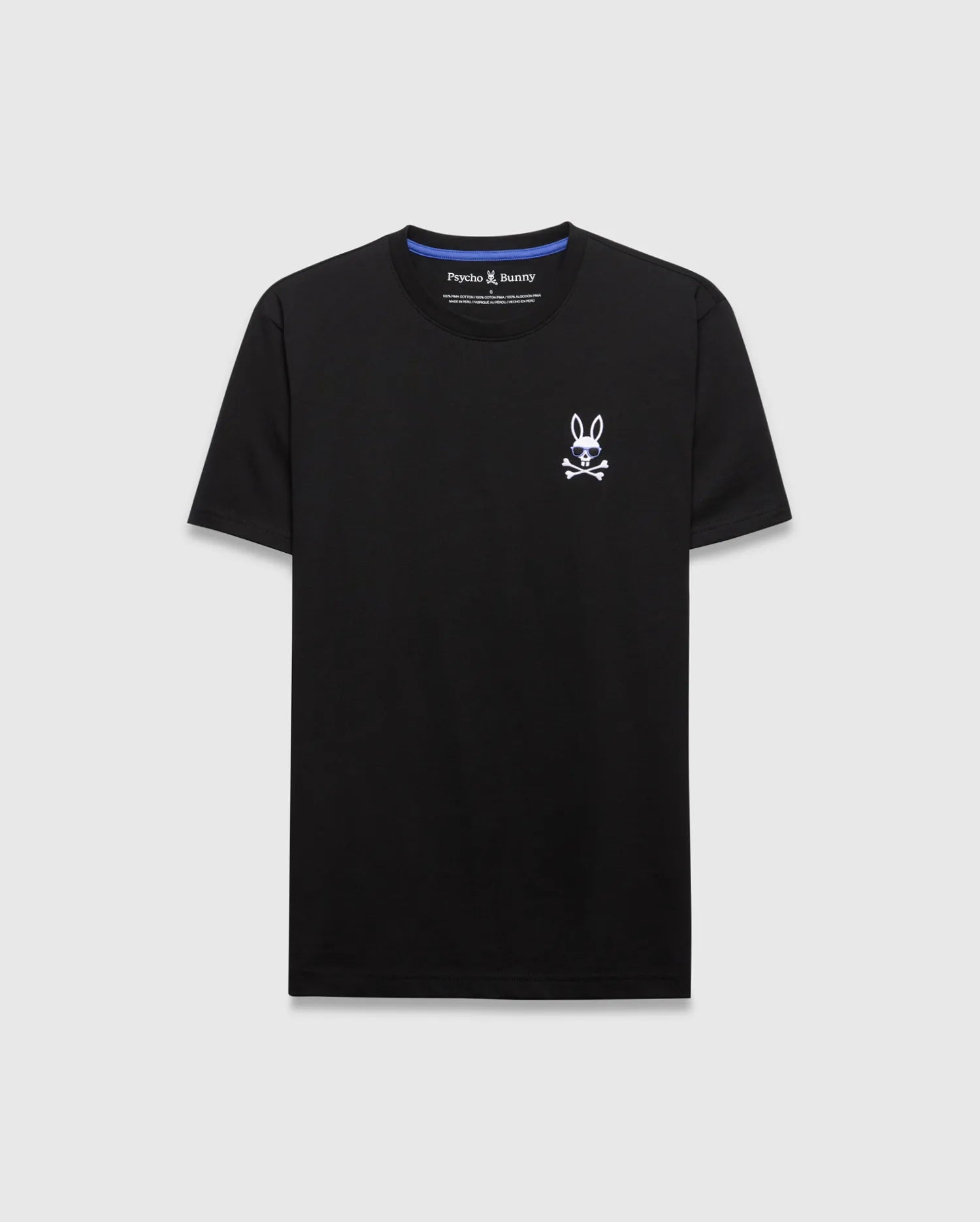 Black classic fit jersey T-shirt featuring a small embroidered white Psycho Bunny skull and crossbones logo with blue sunglasses on the left chest. Mens Sunny Chest Graphic Tee.