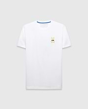 Mens Sunny Chest Graphic Tee, a classic fit white jersey t-shirt featuring a small embroidered gold Psycho Bunny skull logo with black sunglasses and white crossbones on the left chest, with blue inner collar trim.