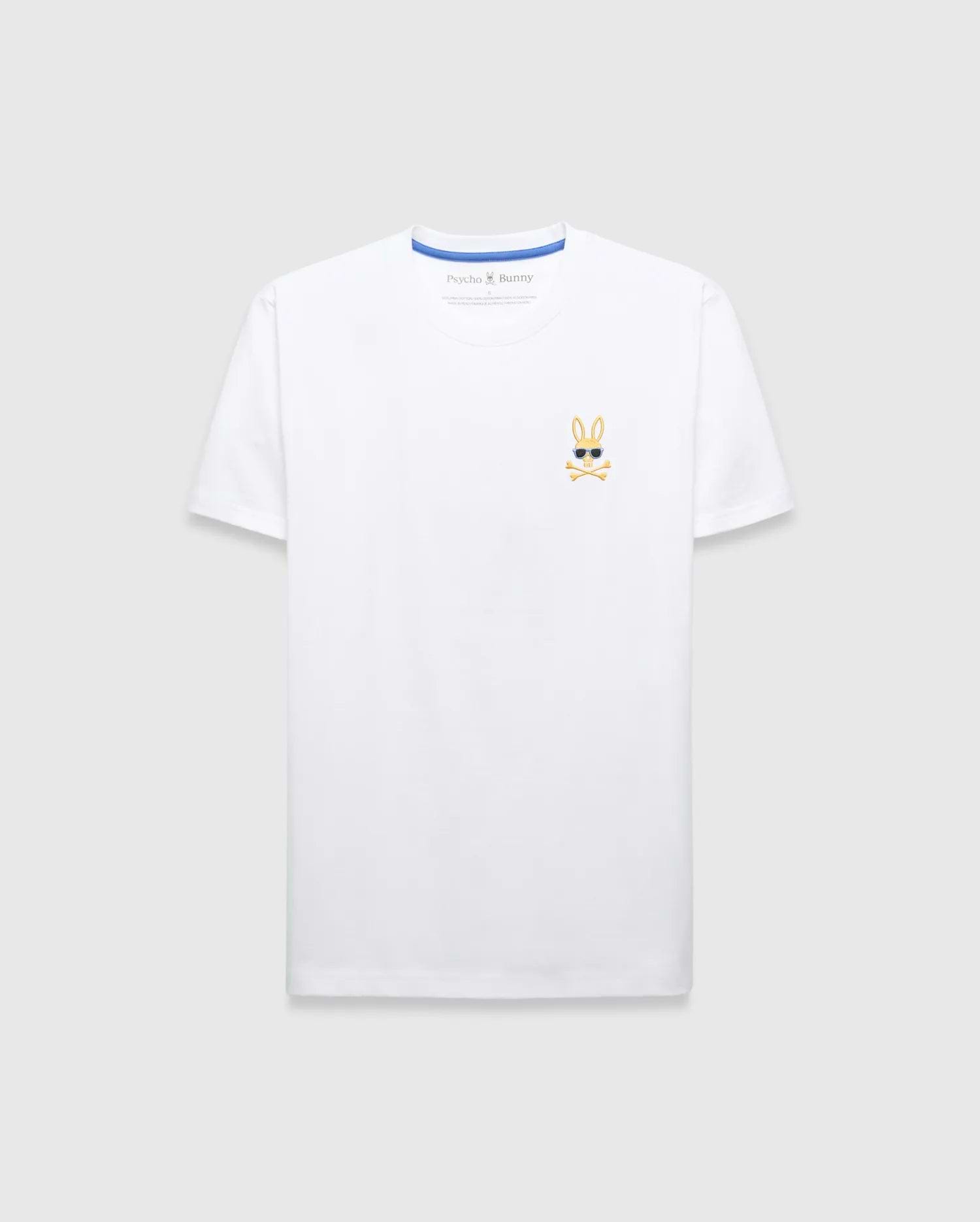 Mens Sunny Chest Graphic Tee, a classic fit white jersey t-shirt featuring a small embroidered gold Psycho Bunny skull logo with black sunglasses and white crossbones on the left chest, with blue inner collar trim.