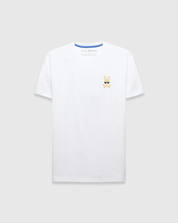 Mens Sunny Chest Graphic Tee, a classic fit white jersey t-shirt featuring a small embroidered gold Psycho Bunny skull logo with black sunglasses and white crossbones on the left chest, with blue inner collar trim.
