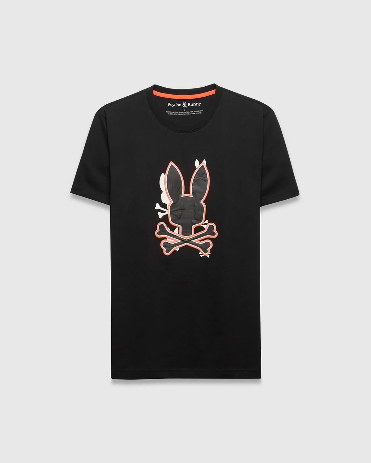 Mens Tanner Bunny Graphic Tee, black classic fit jersey t-shirt with a large central textured Psycho Bunny skull logo, outlined in vibrant orange and white, featuring orange neck tape.