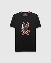 Mens Tanner Bunny Graphic Tee, black classic fit jersey t-shirt with a large central textured Psycho Bunny skull logo, outlined in vibrant orange and white, featuring orange neck tape.