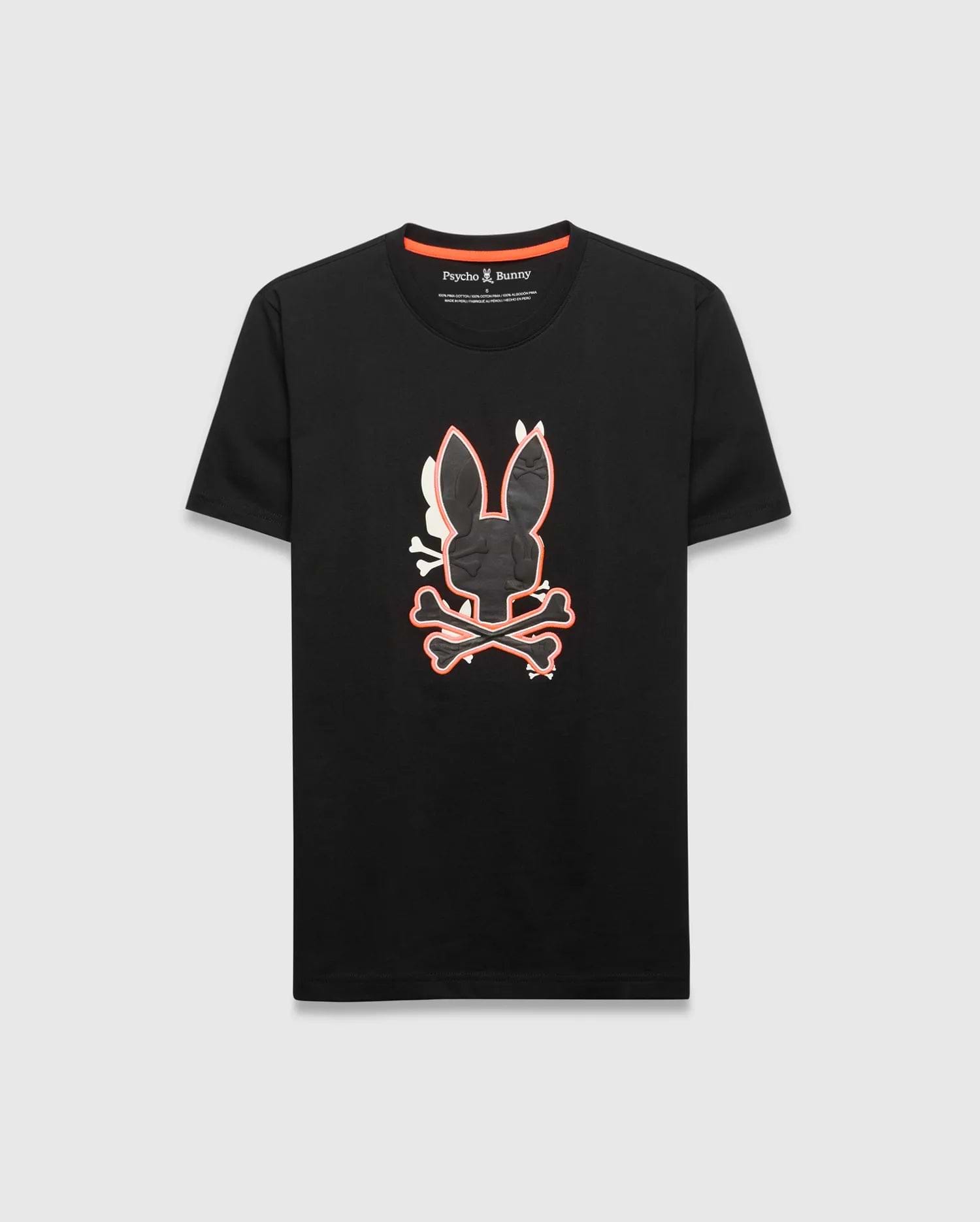 Mens Tanner Bunny Graphic Tee, black classic fit jersey t-shirt with a large central textured Psycho Bunny skull logo, outlined in vibrant orange and white, featuring orange neck tape.
