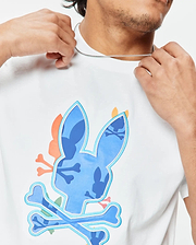 Mens Tanner Bunny Graphic Tee, a white classic fit jersey t-shirt featuring a large central blue camouflage bunny skull logo with light blue outline and crossed bones, accented with orange and pink details. (3)