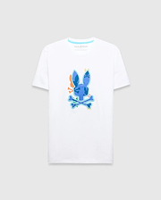 Tanner Bunny Graphic Tee, a classic fit white jersey t-shirt featuring a large, vibrant blue, orange, yellow, and green abstract Psycho Bunny skull graphic on the chest, with a small brand logo on the inner neck. (1)