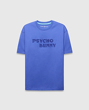 Royal blue Mens Craig Wordmark Tee, a relaxed fit jersey t-shirt featuring a large, textured embossed Psycho Bunny wordmark on the chest and a light blue neck tape.