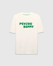 Mens Craig Wordmark Tee, a cream relaxed fit jersey t-shirt featuring a prominent green textured PSYCHO BUNNY wordmark graphic on the chest and a small green logo on the inner neck.