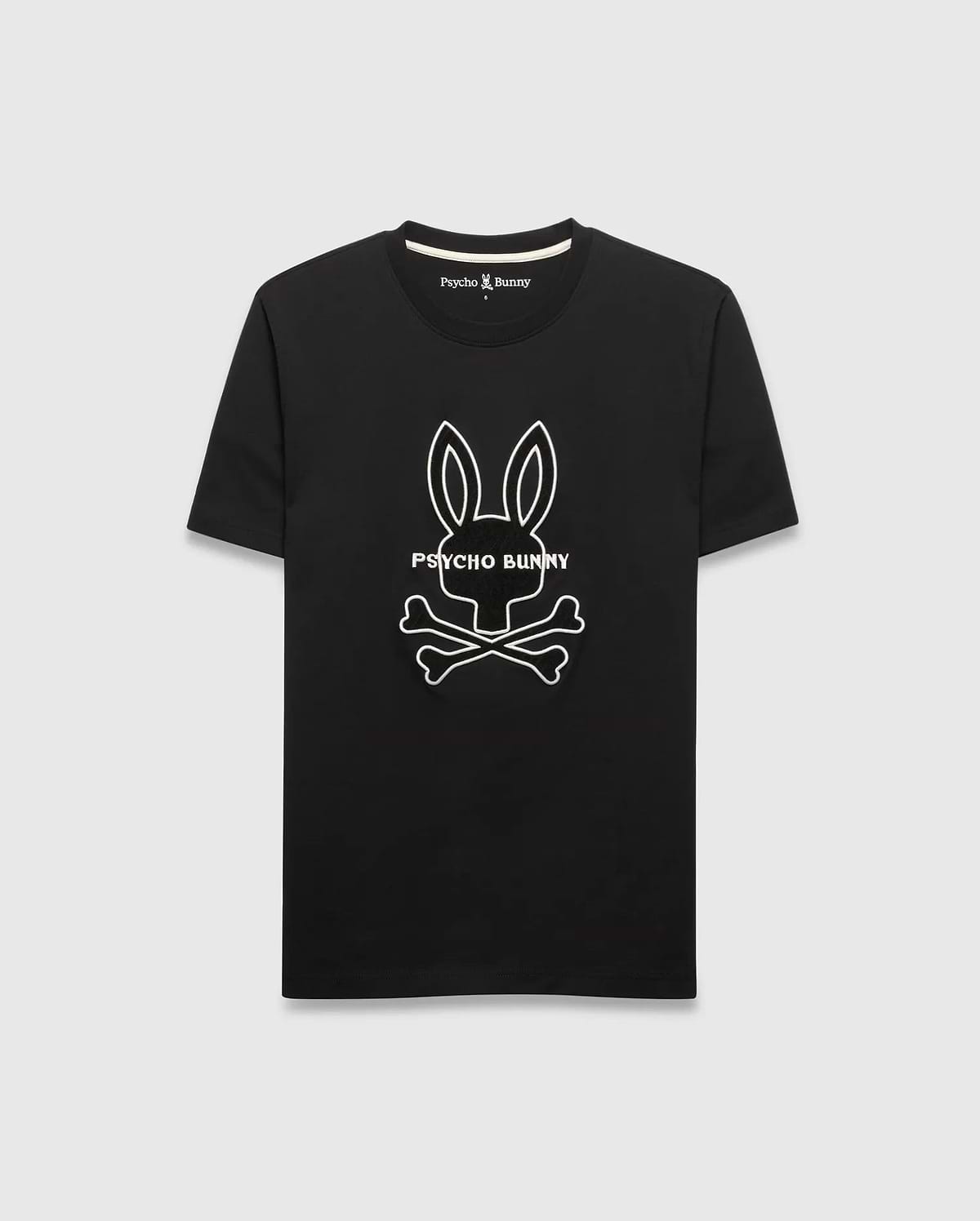 Black Mens Craig Graphic Tee in classic fit jersey, featuring a large white outline Psycho Bunny skull and crossbones graphic on the chest.