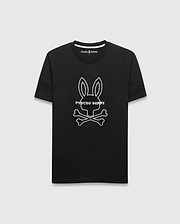 Black Mens Craig Graphic Tee in classic fit jersey, featuring a large white outline Psycho Bunny skull and crossbones graphic on the chest.