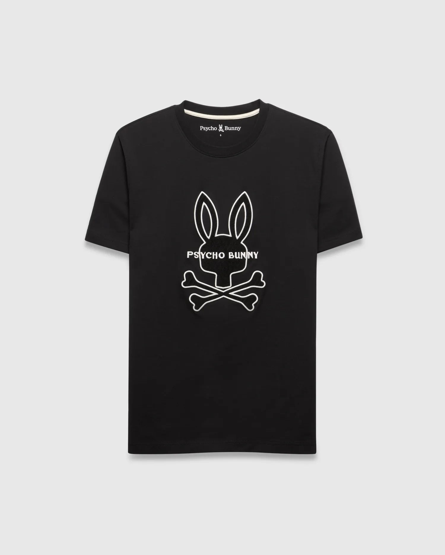 Black Mens Craig Graphic Tee in classic fit jersey, featuring a large white outline Psycho Bunny skull and crossbones graphic on the chest.