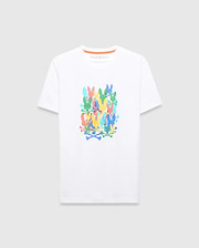 Mens Tanner Graphic Tee, a classic fit white jersey t-shirt featuring a large multicolor stacked Psycho Bunny skull and crossbones graphic print on the chest.