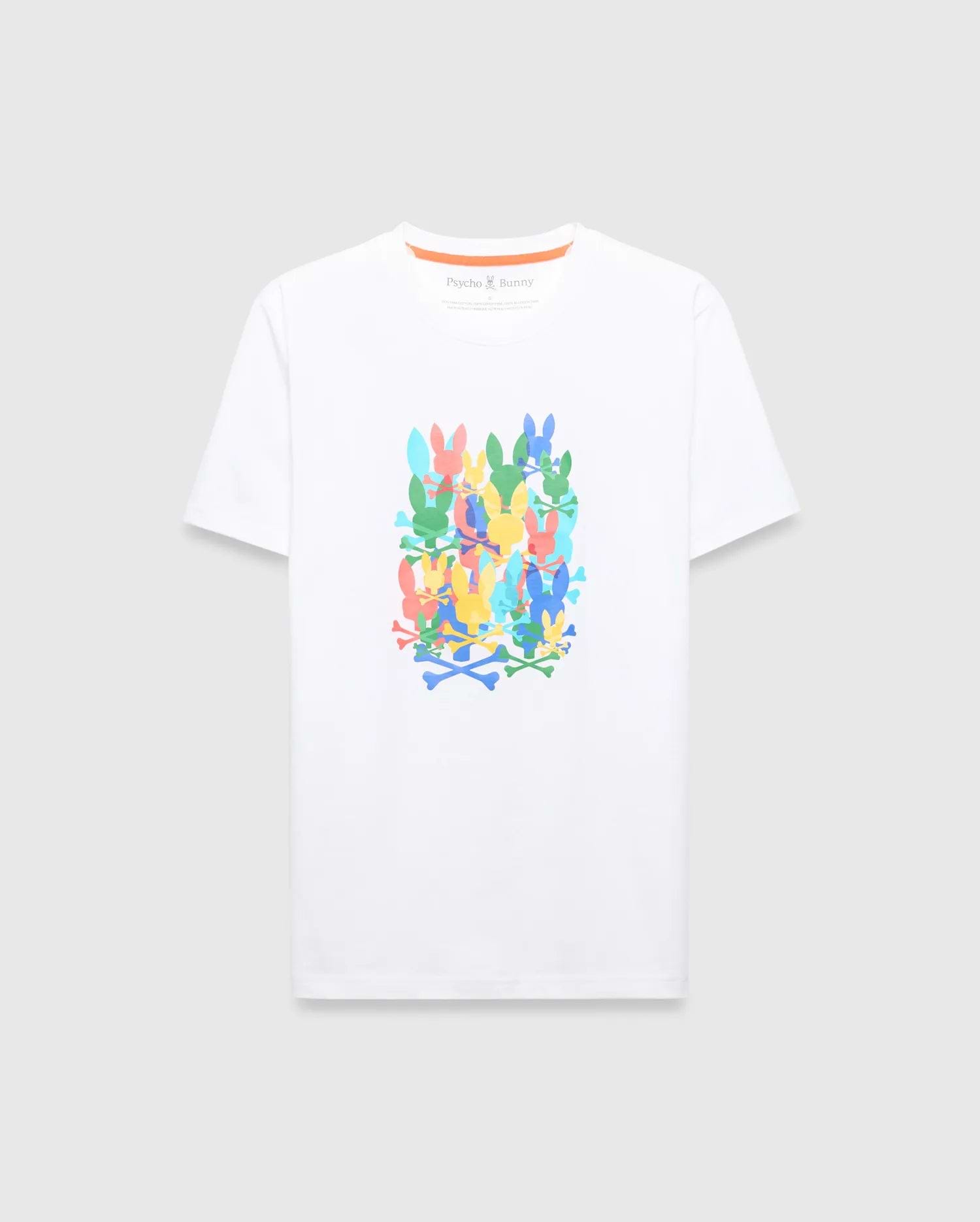 Mens Tanner Graphic Tee, a classic fit white jersey t-shirt featuring a large multicolor stacked Psycho Bunny skull and crossbones graphic print on the chest.