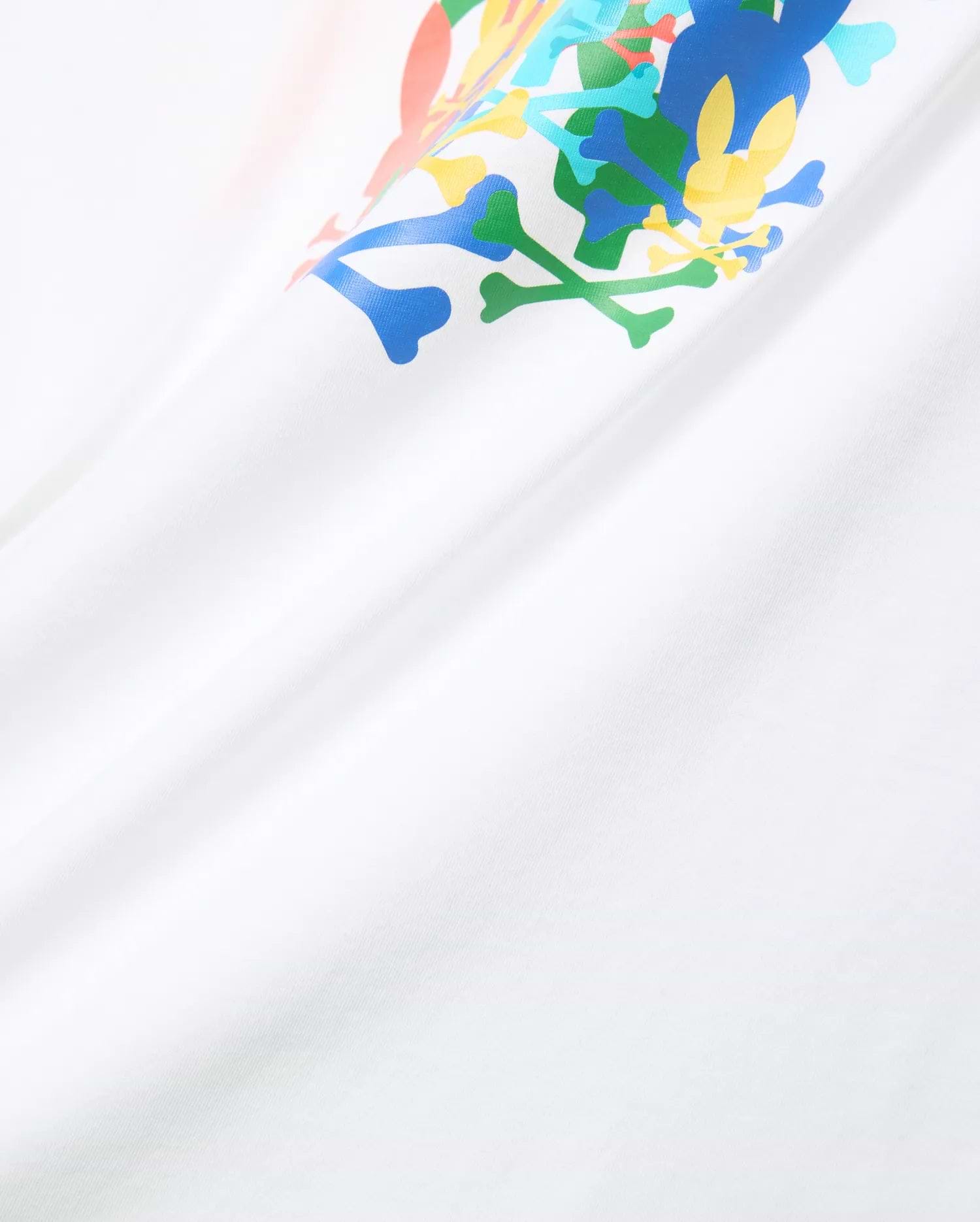 White Mens Tanner Graphic Tee, soft jersey knit, featuring a large multicolor Psycho Bunny skull and crossbones graphic print on the chest.