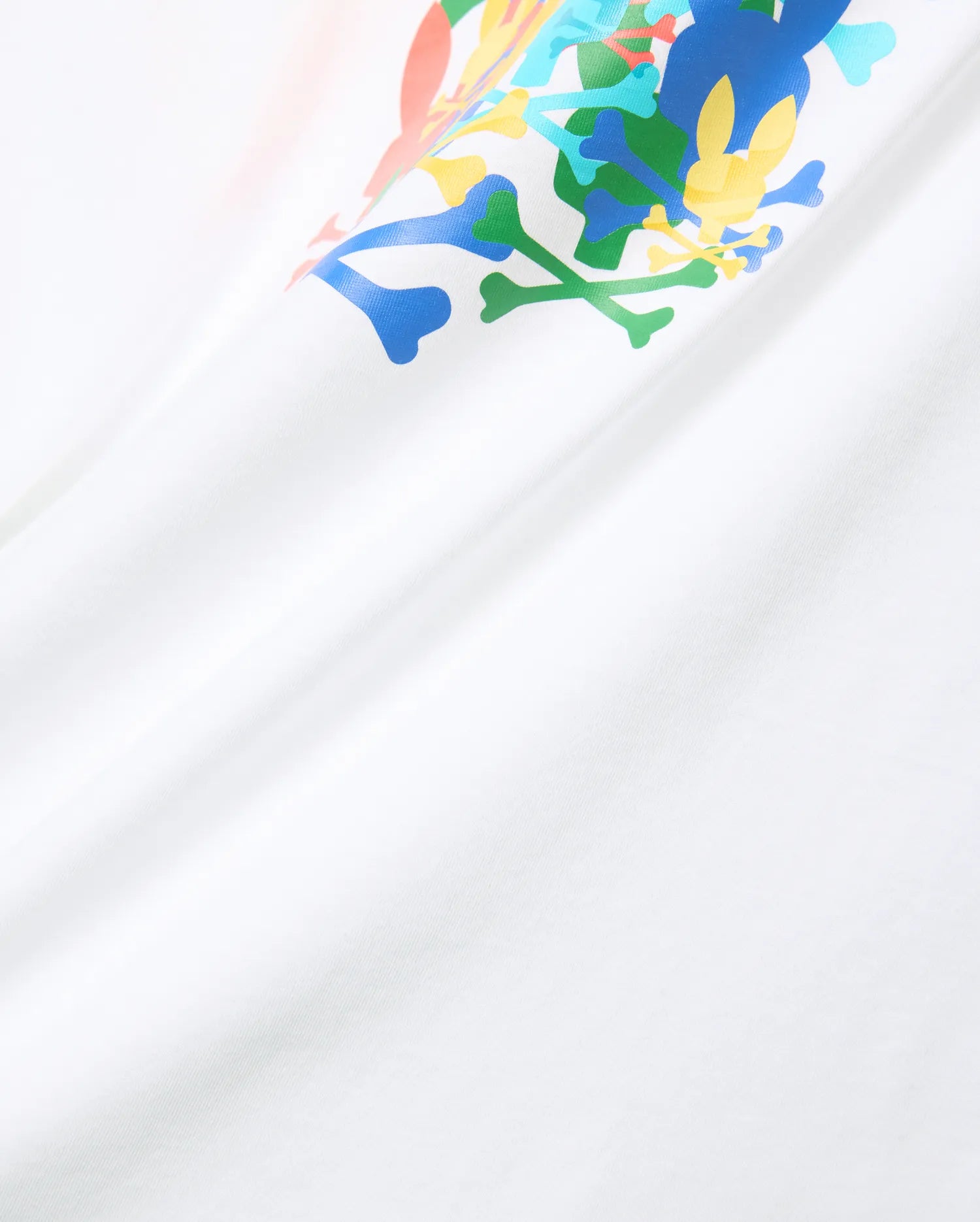 White Mens Tanner Graphic Tee, soft jersey knit, featuring a large multicolor Psycho Bunny skull and crossbones graphic print on the chest.