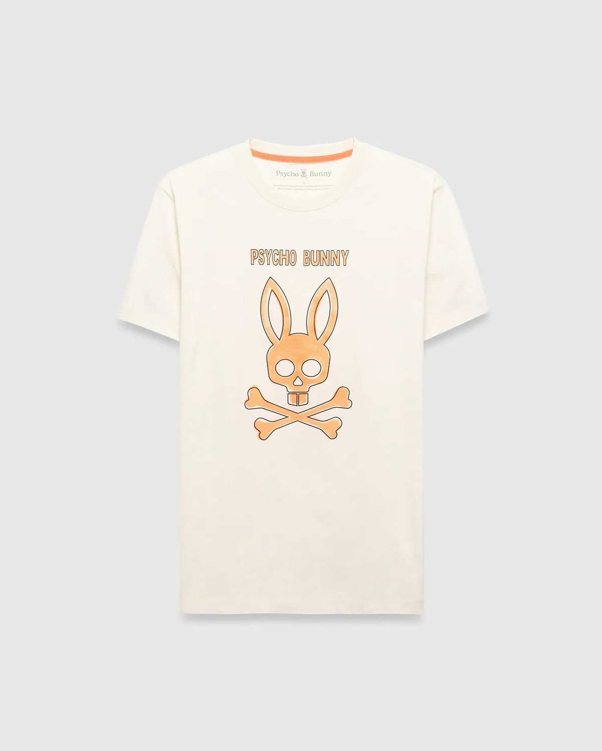 Cream Mens Adler Graphic Tee, classic fit jersey knit, featuring a large central orange Psycho Bunny skull and crossbones graphic with Psycho Bunny text above, and orange neck tape.