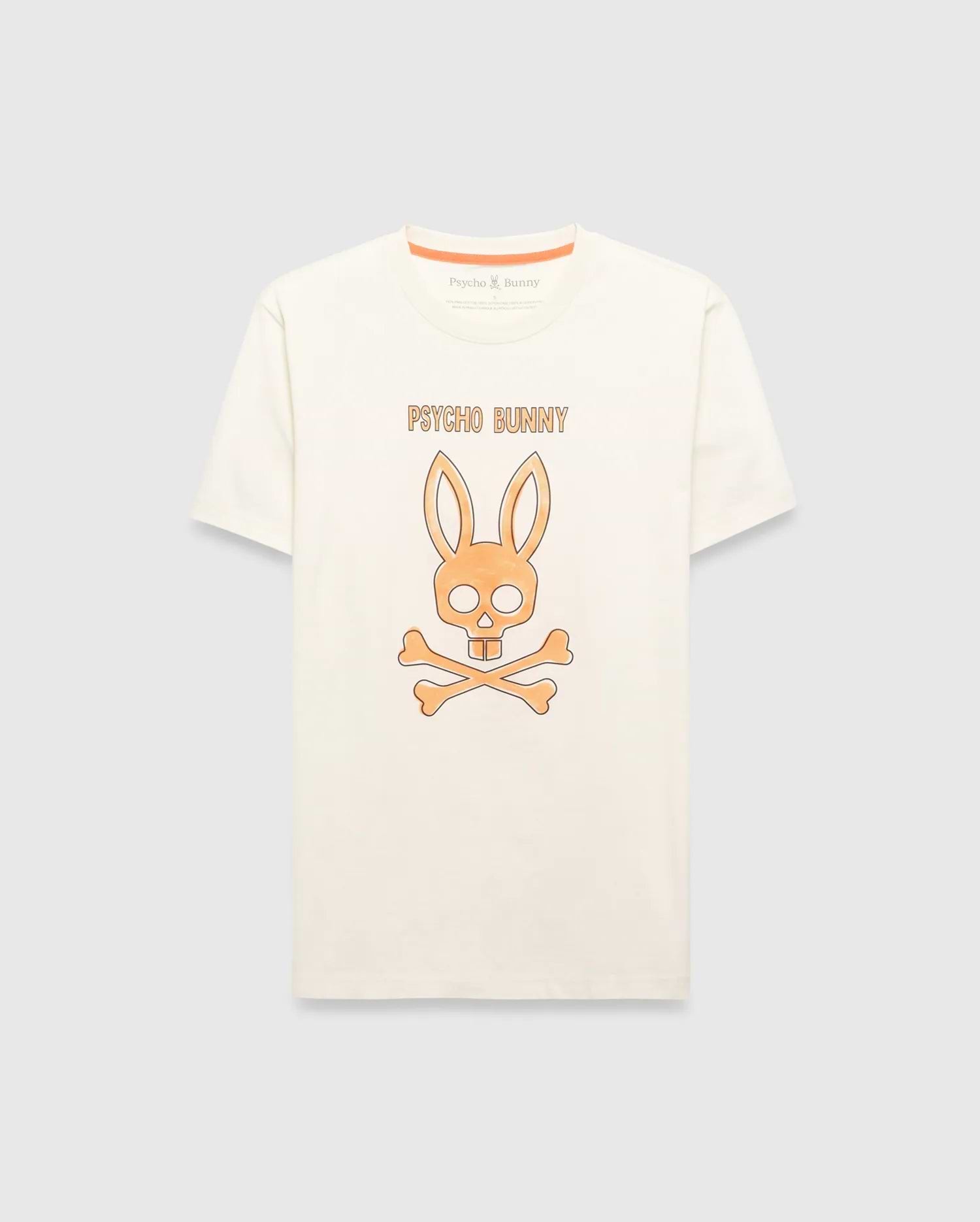 Cream Mens Adler Graphic Tee, classic fit jersey knit, featuring a large central orange Psycho Bunny skull and crossbones graphic with Psycho Bunny text above, and orange neck tape.