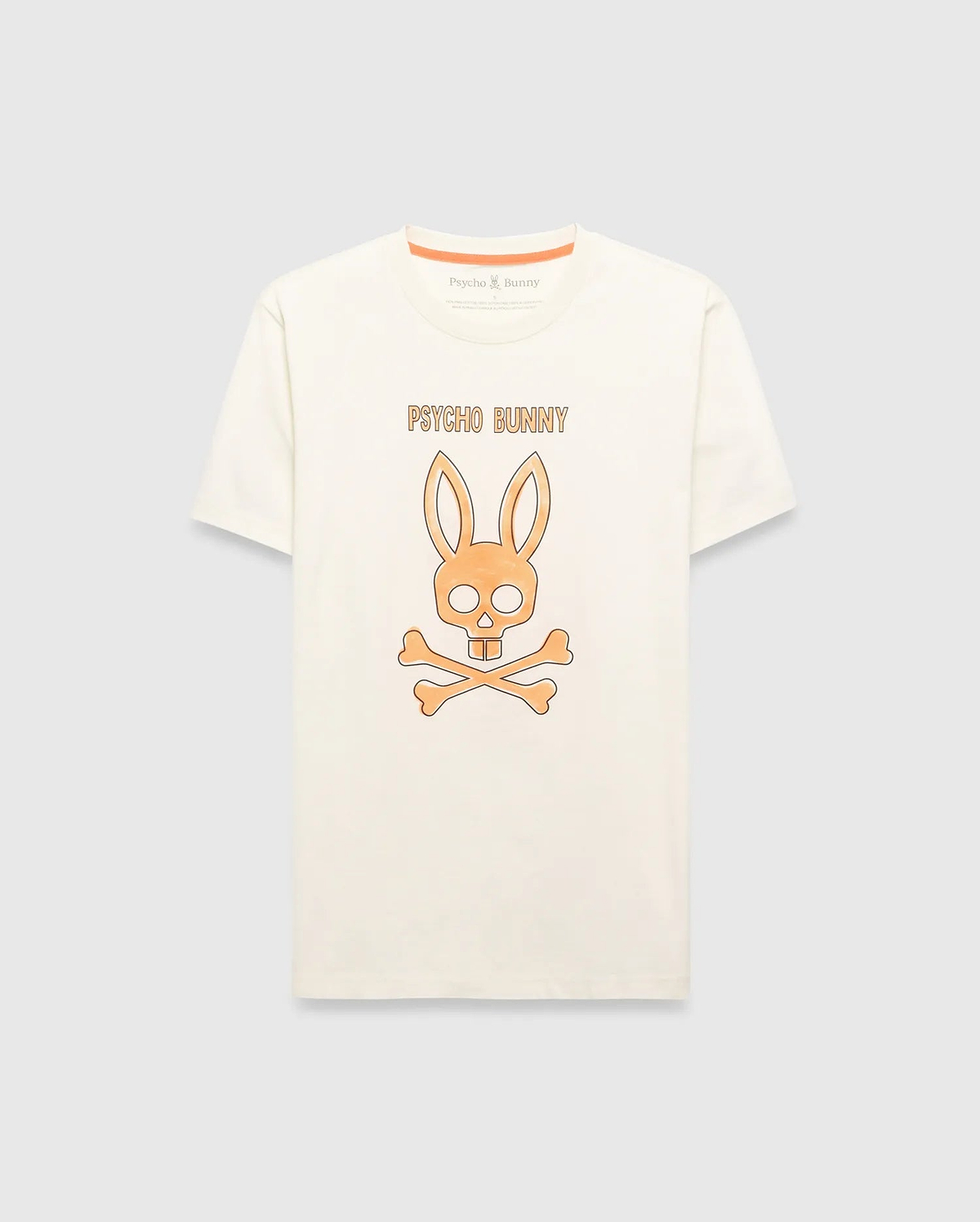 Cream Mens Adler Graphic Tee, classic fit jersey knit, featuring a large central orange Psycho Bunny skull and crossbones graphic with Psycho Bunny text above, and orange neck tape.