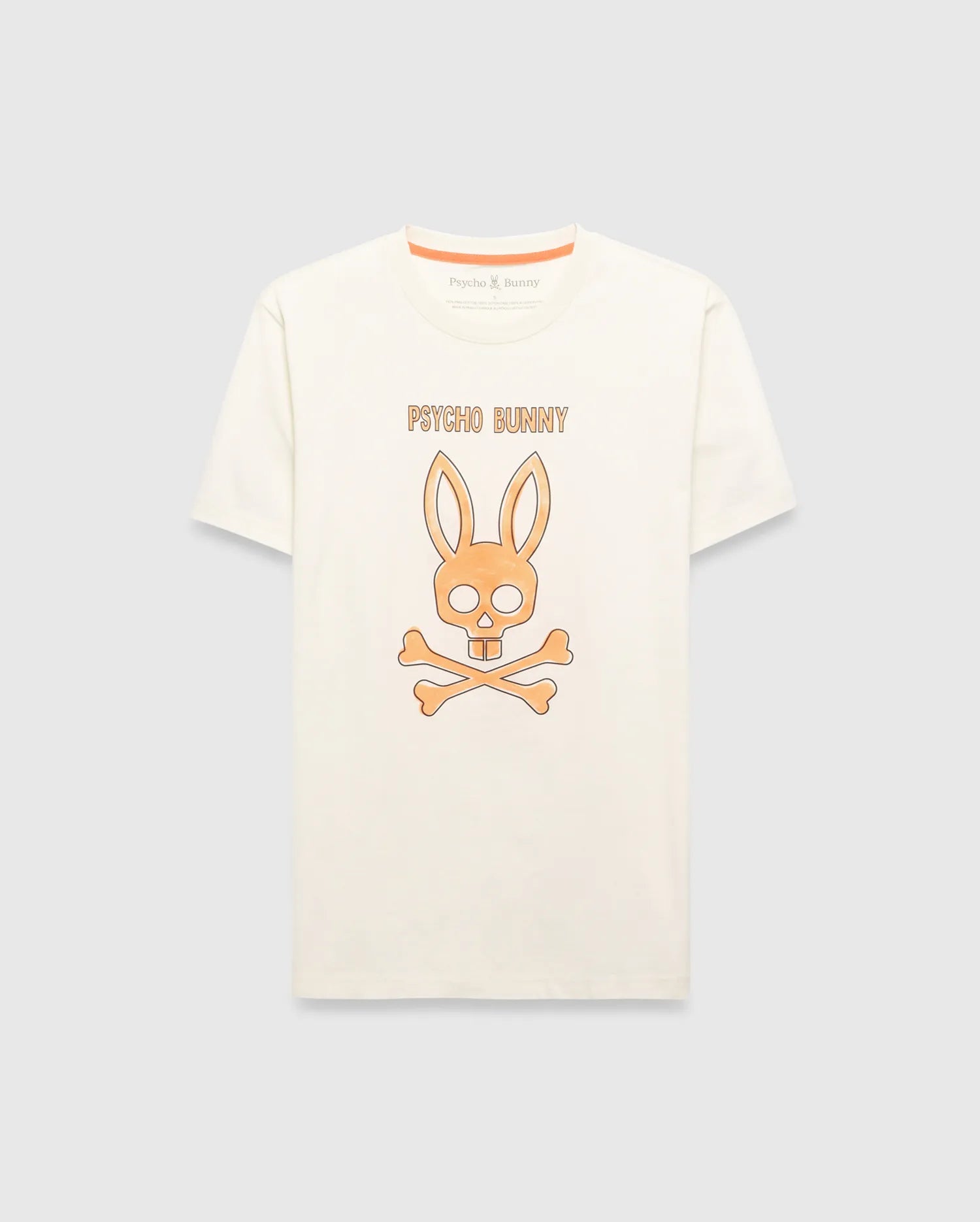Cream Mens Adler Graphic Tee, classic fit jersey knit, featuring a large central orange Psycho Bunny skull and crossbones graphic with Psycho Bunny text above, and orange neck tape.