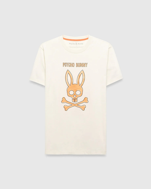 Cream Mens Adler Graphic Tee, classic fit jersey knit, featuring a large central orange Psycho Bunny skull and crossbones graphic with Psycho Bunny text above, and orange neck tape.