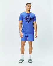 Royal blue Mens Tobias Graphic Tee, classic fit jersey with a large central dark blue Psycho Bunny skull logo graphic, paired with matching royal blue athletic shorts featuring a small embroidered bunny logo.