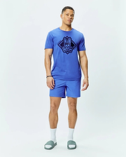 Royal blue Mens Tobias Graphic Tee, classic fit jersey with a large central dark blue Psycho Bunny skull logo graphic, paired with matching royal blue athletic shorts featuring a small embroidered bunny logo.