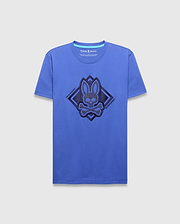 Mens Tobias Graphic Tee, royal blue classic fit jersey t-shirt featuring a large central dark blue textured bunny skull logo within a diamond outline, flanked by diagonal Psycho Bunny text.