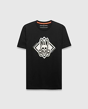 Mens Tobias Graphic Tee, black classic fit jersey t-shirt featuring a large central raised white Psycho Bunny skull diamond graphic with Psycho Bunny text on its sides.