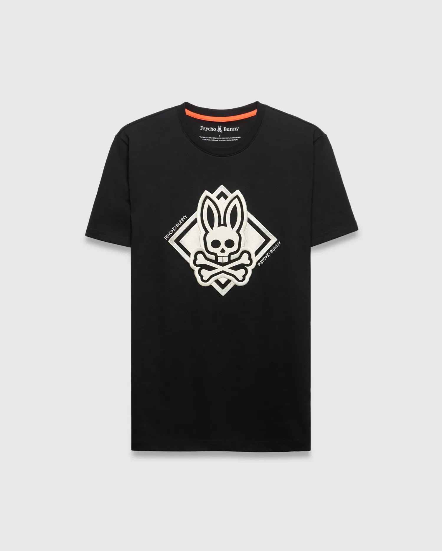 Mens Tobias Graphic Tee, black classic fit jersey t-shirt featuring a large central raised white Psycho Bunny skull diamond graphic with Psycho Bunny text on its sides.
